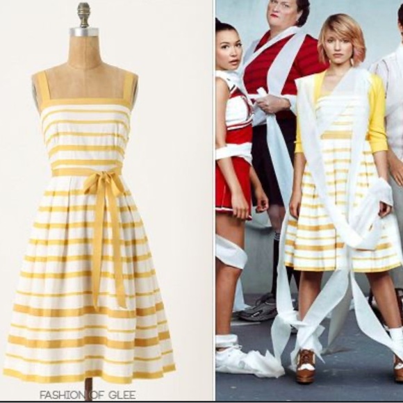 Anthropologie Moulinette Soeurs Golden Yellow Striped Fit & Flare Dress - Picture 3 of 6